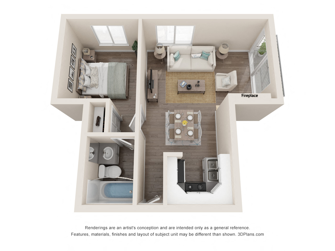Floor plan for studio, 1 bath, 600 sqft